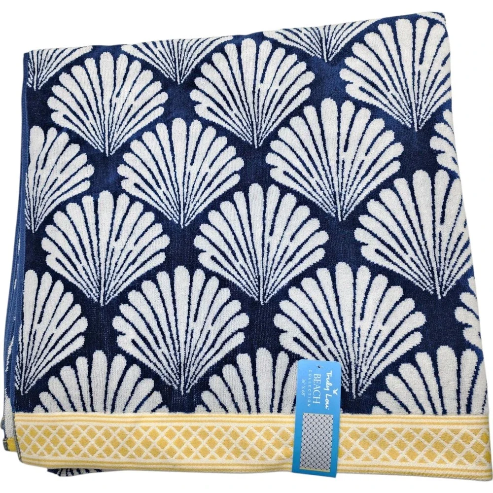 Truly Lou Beach Towel Shannon Shell Blue White Cotton 36x68 Pool Spa Absorbent